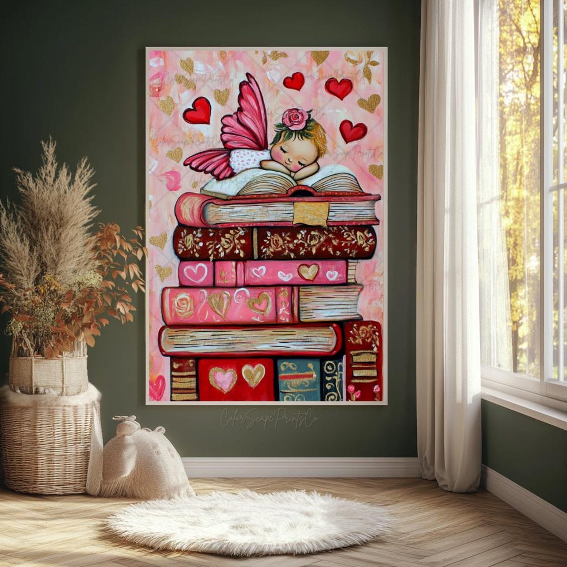 Sleeping Fairy Book Stack Painting Hearts Wings Pink Valentine Poster - Image 2