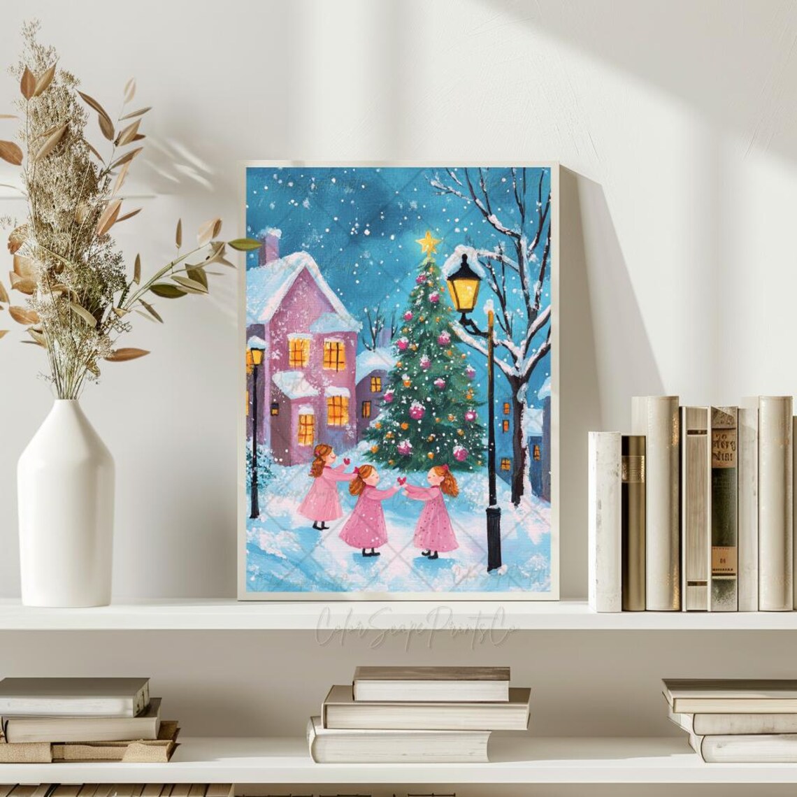 Christmas Carolers Girls Dancing in Snowy Village Square Wall Art - Image 3