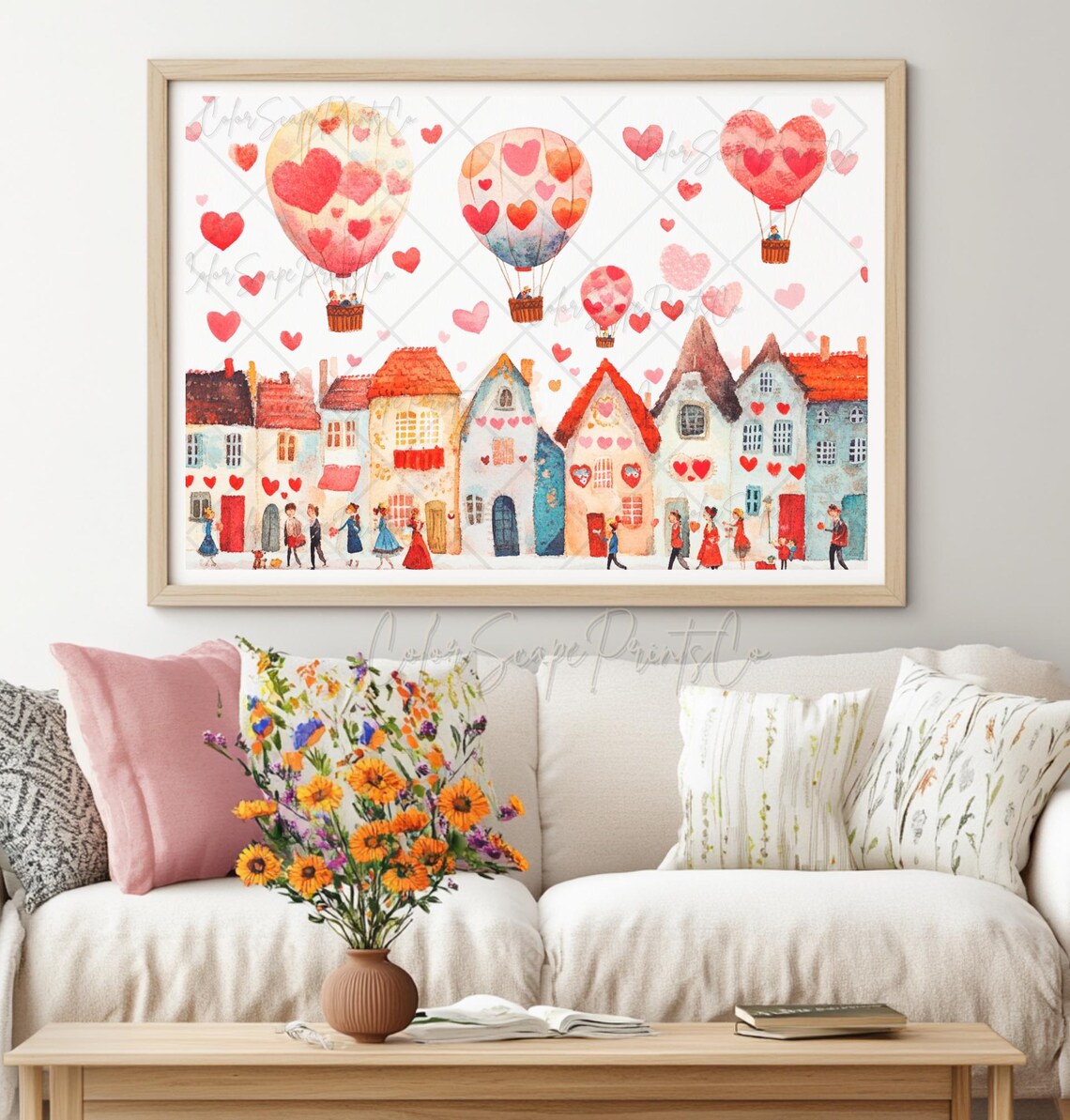 Valentine Village Love Heart Hot Air Balloons Watercolor Poster - Image 4