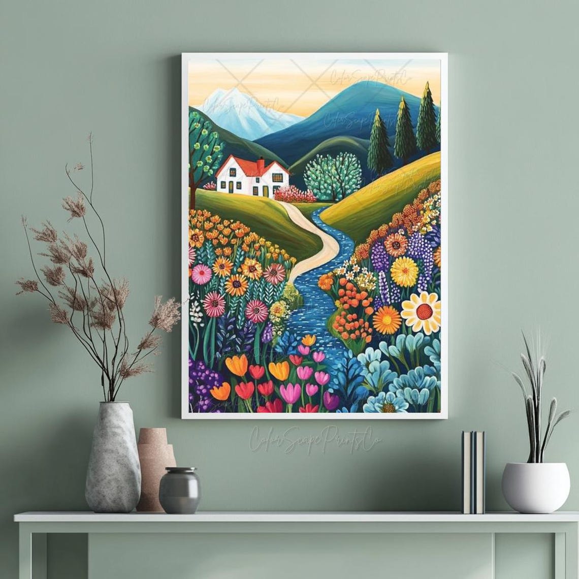 Mountain Stream Through Wildflower Meadow Cottage Scene Poster - Image 3