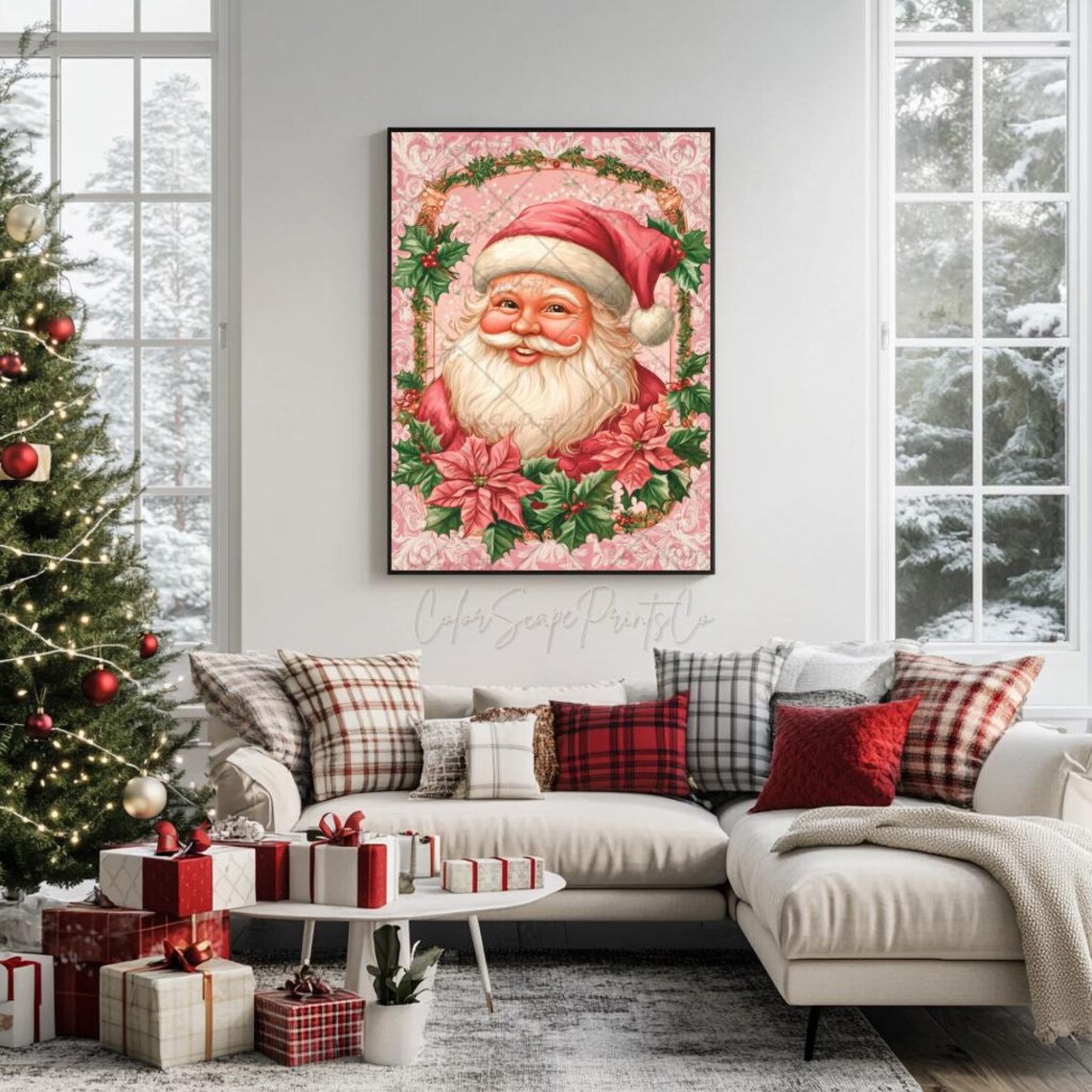 Pink Santa Claus Portrait with Poinsettias and Holly Vintage Poster - Image 2