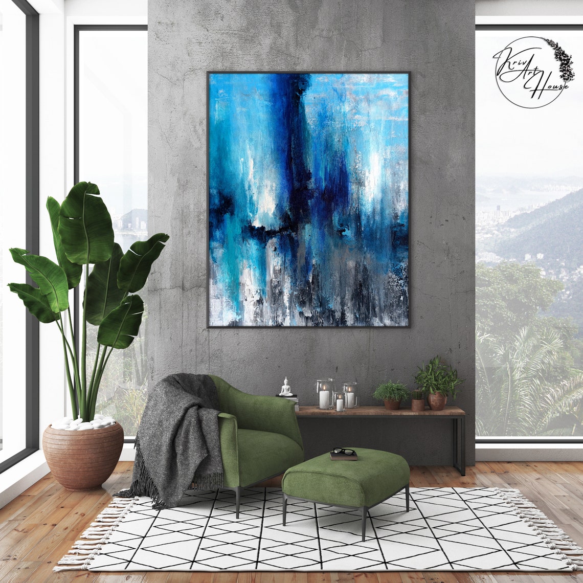 Deep Blue Ocean Abstract White Foamy Drips Textured Art Poster - Image 2