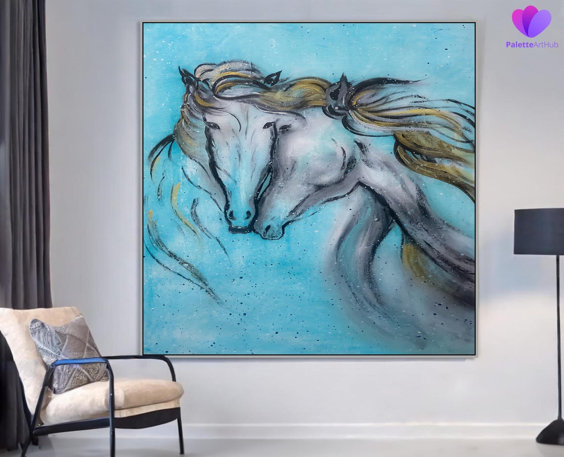 Twin Graceful White Horses Turquoise Abstract Equine Wall Art - Image 3
