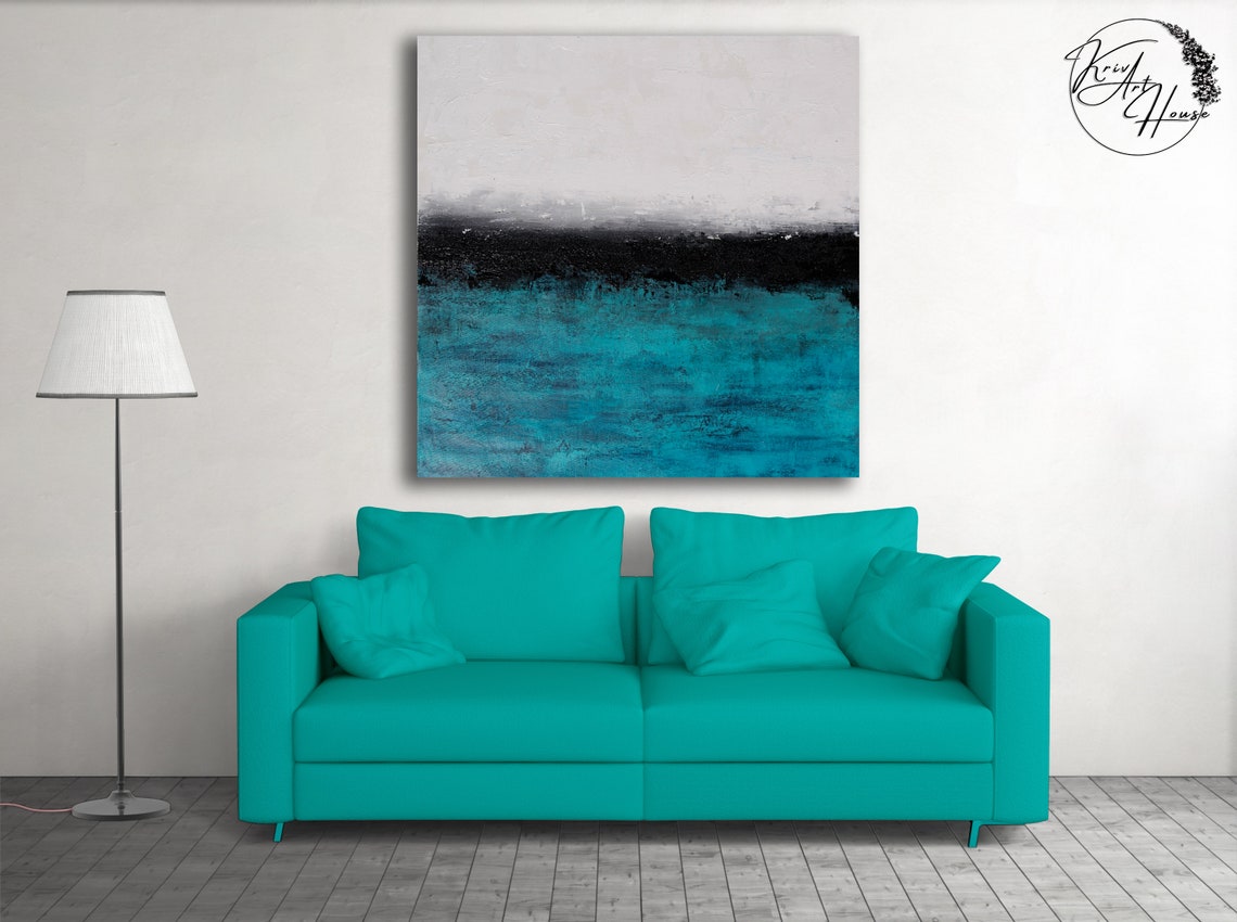 Minimalist Black White Teal Ocean Bands Abstract Art Wall Print - Image 3