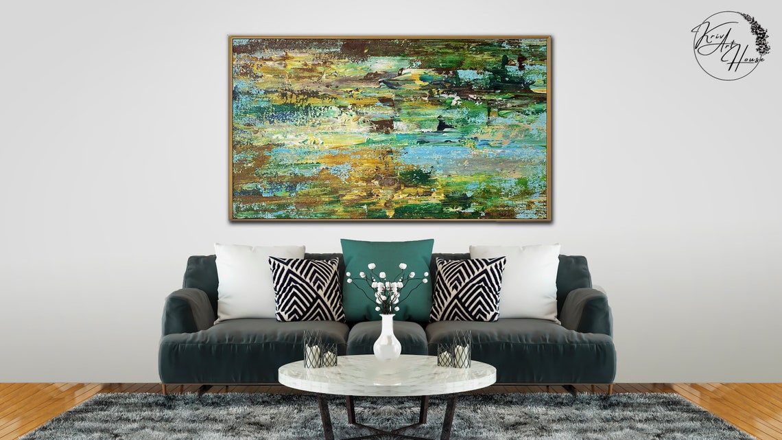 Green Gold Blue Forest Textured Abstract Square Wall Art Poster - Image 4