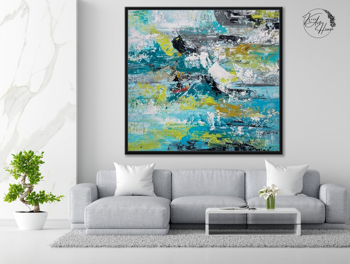 Turquoise Lime Black Splash Energetic Abstract Painting Modern Poster - Image 3