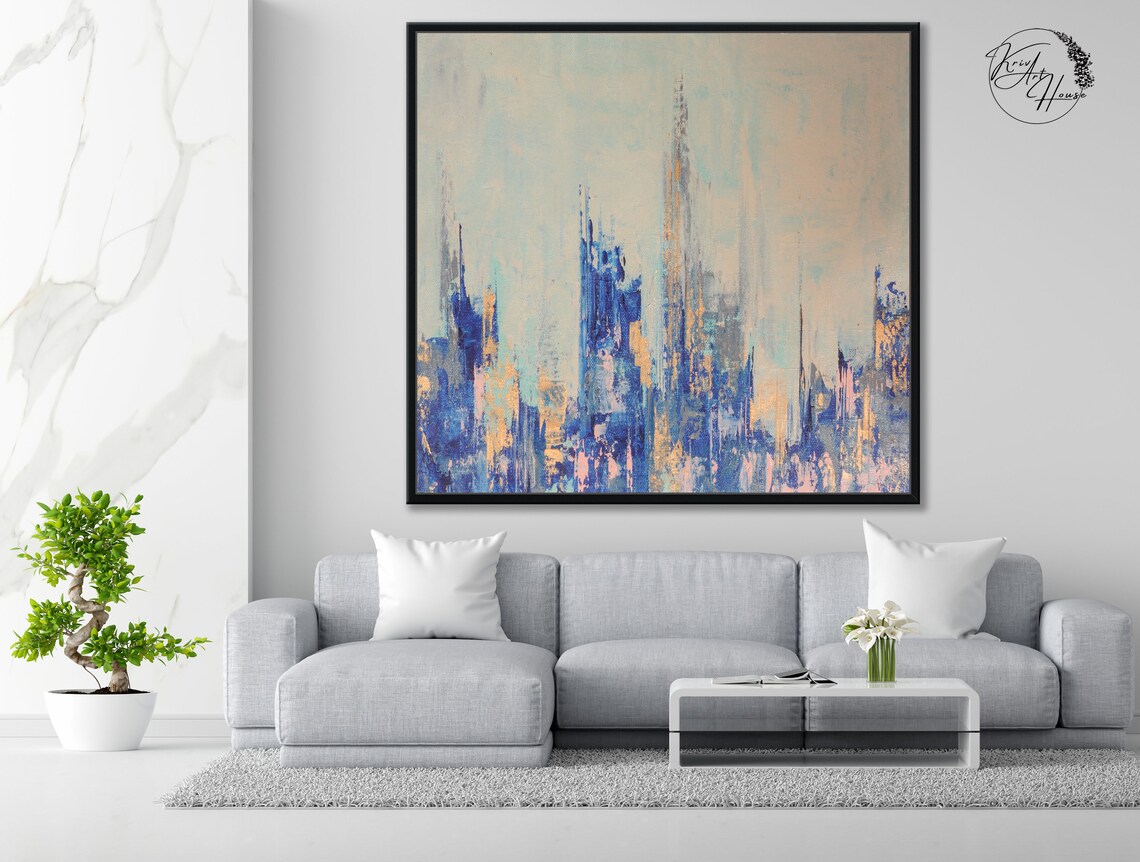 Blue Gold Abstract City Skyline Dreamy Painting Modern Wall Poster - Image 4