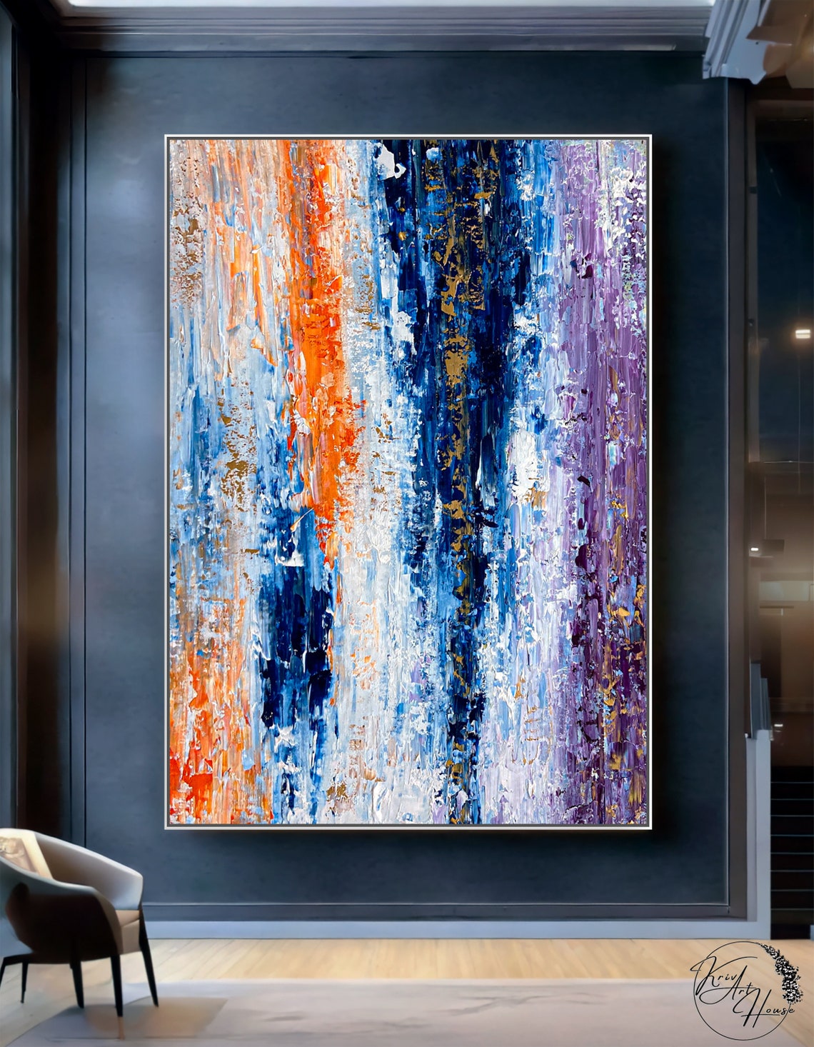 Bold Orange Navy Purple Abstract Palette Knife Textured Wall Art - Image 4