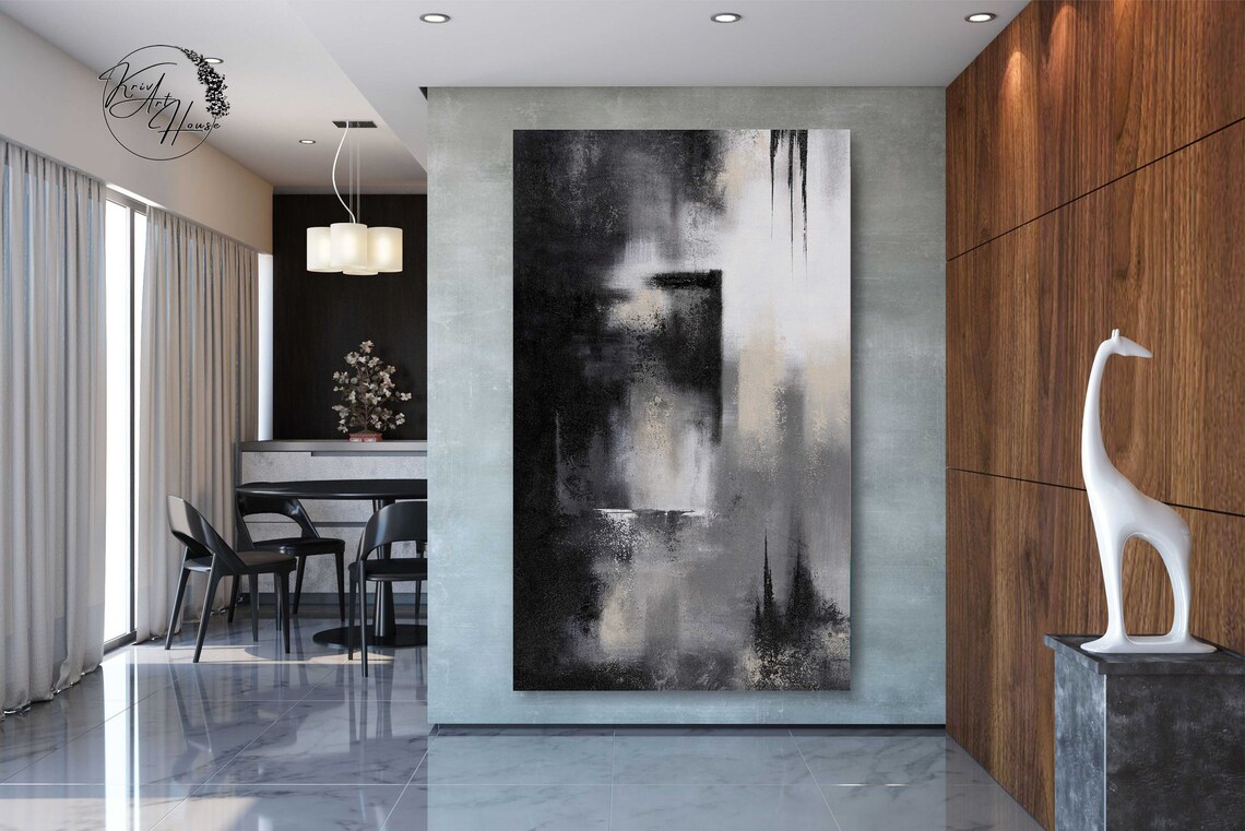 Contemporary Abstract Oil Painting Art Print, Black and White - Image 2