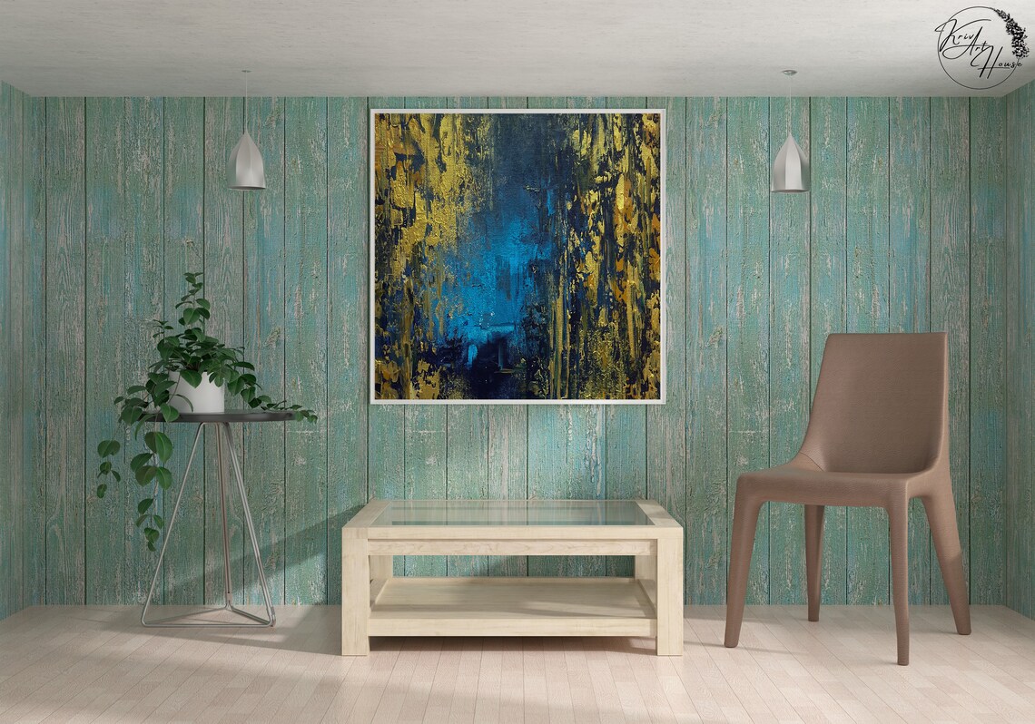 Gold Textured With Blue Base Abstract Artwork - Image 4