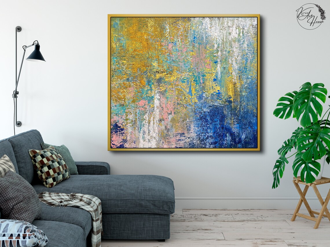 Yellow Blue Abstract Painting, Palette Knife Art Print - Image 4