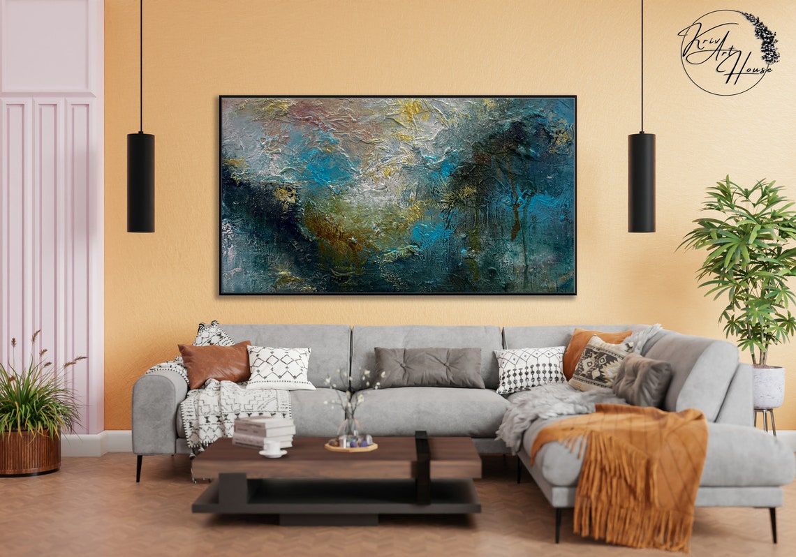 Deep Blue Teal Gold Textured Ocean Abstract Horizontal Poster - Image 2