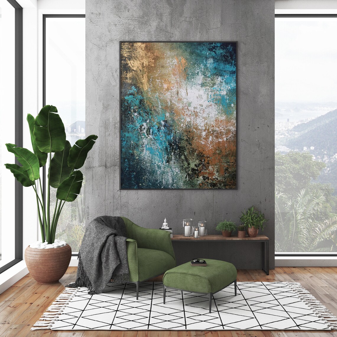 Gold and Blue Abstract Painting, Oversized Wall Art - Image 4