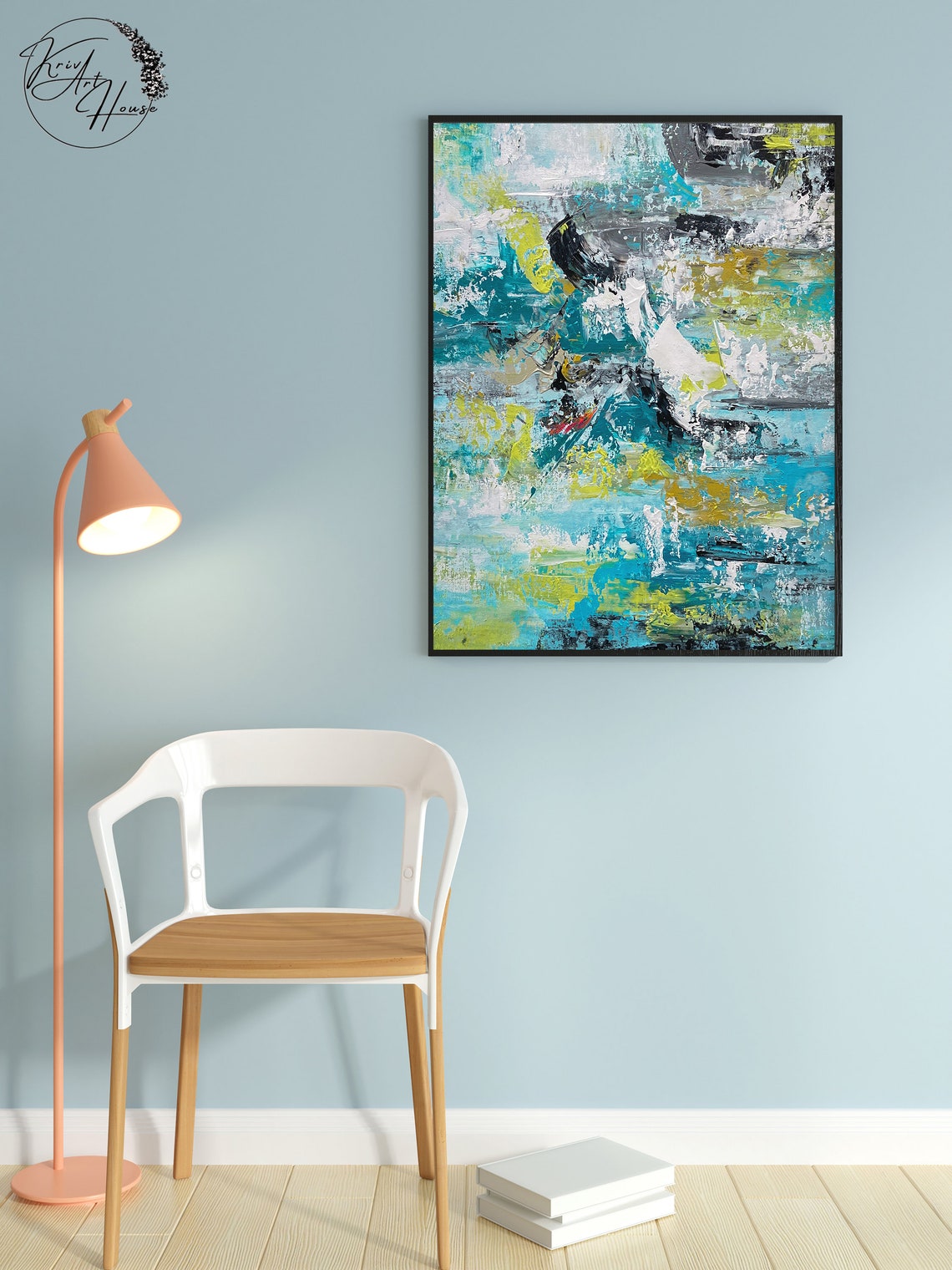 Turquoise Lime Black Splash Energetic Abstract Painting Modern Poster - Image 2