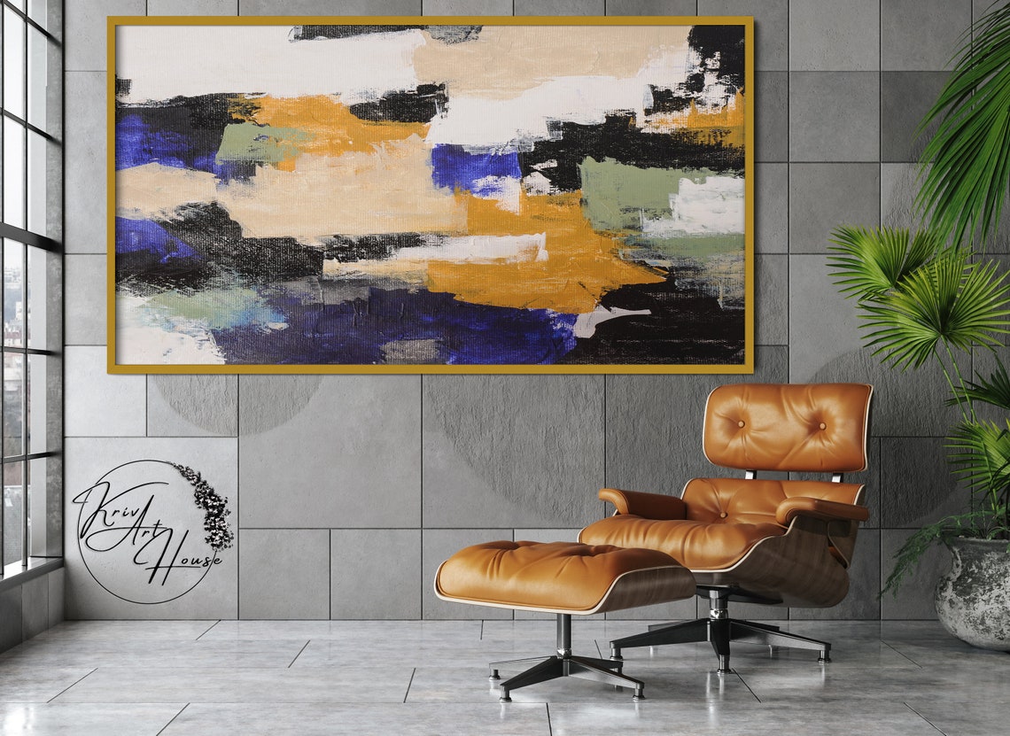 Ochre Black Blue Geometric Blocks Abstract Painting Modern Wall Poster - Image 3