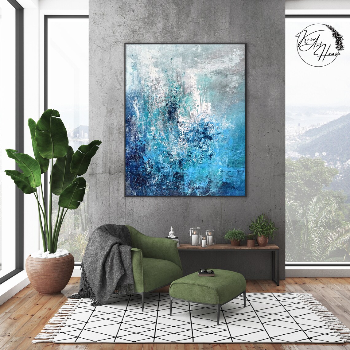 Blue And Grey Abstract Painting, Modern Wall Art Print - Image 2