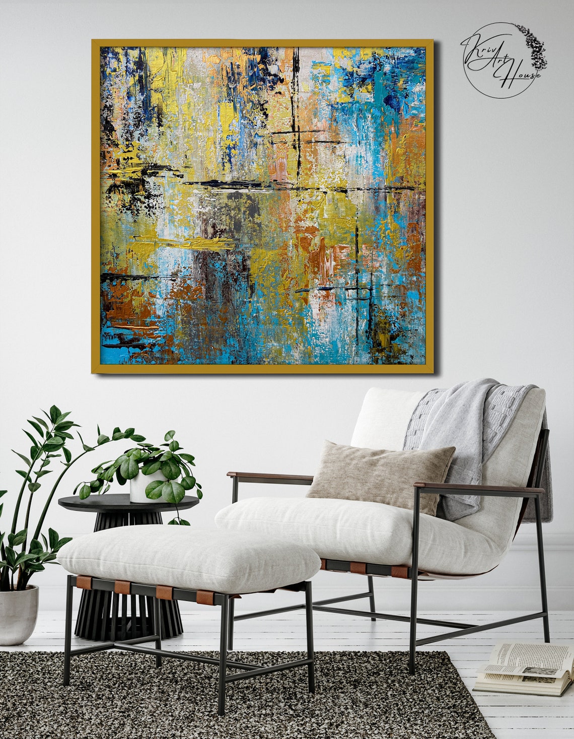 Yellow Blue Grid Urban Textured Abstract Painting Modern Wall Poster - Image 4