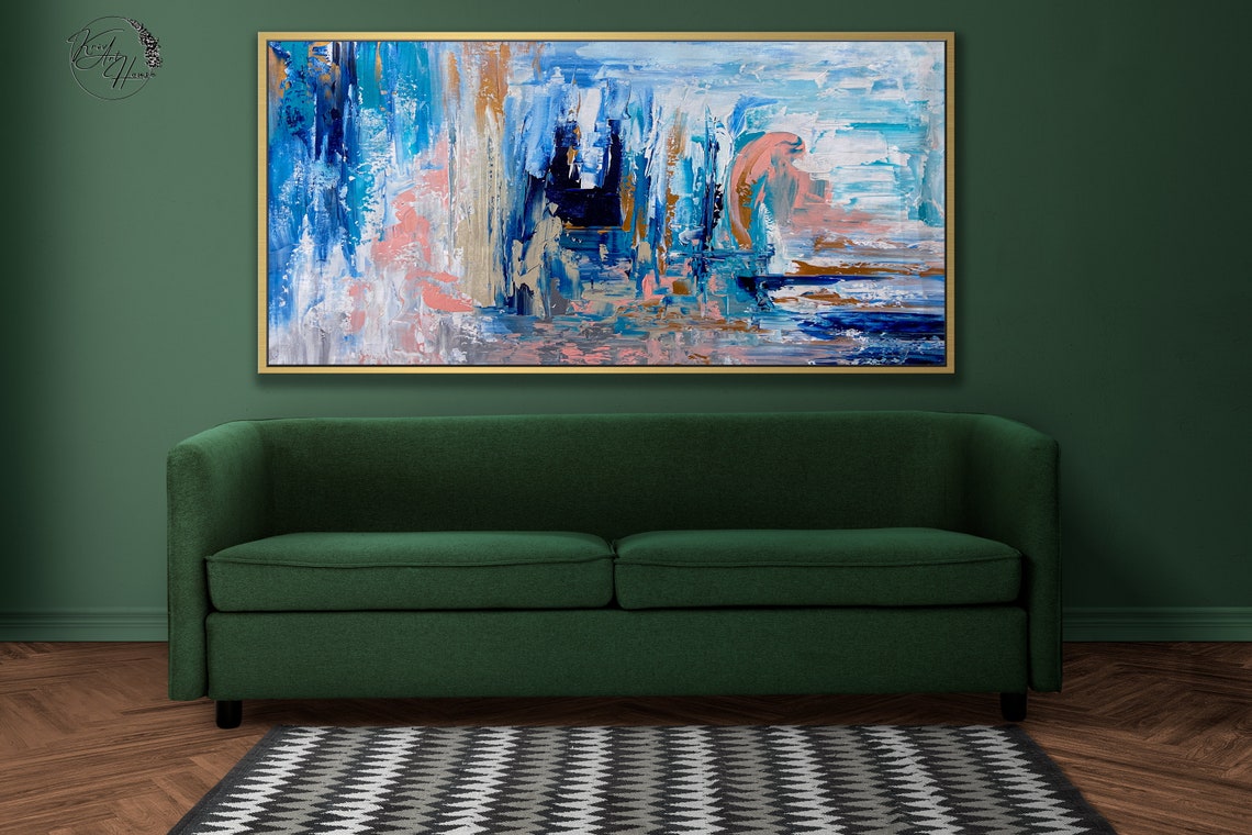 Blue Peach Gold Vertical Strokes Textured Abstract Wall Poster - Image 3