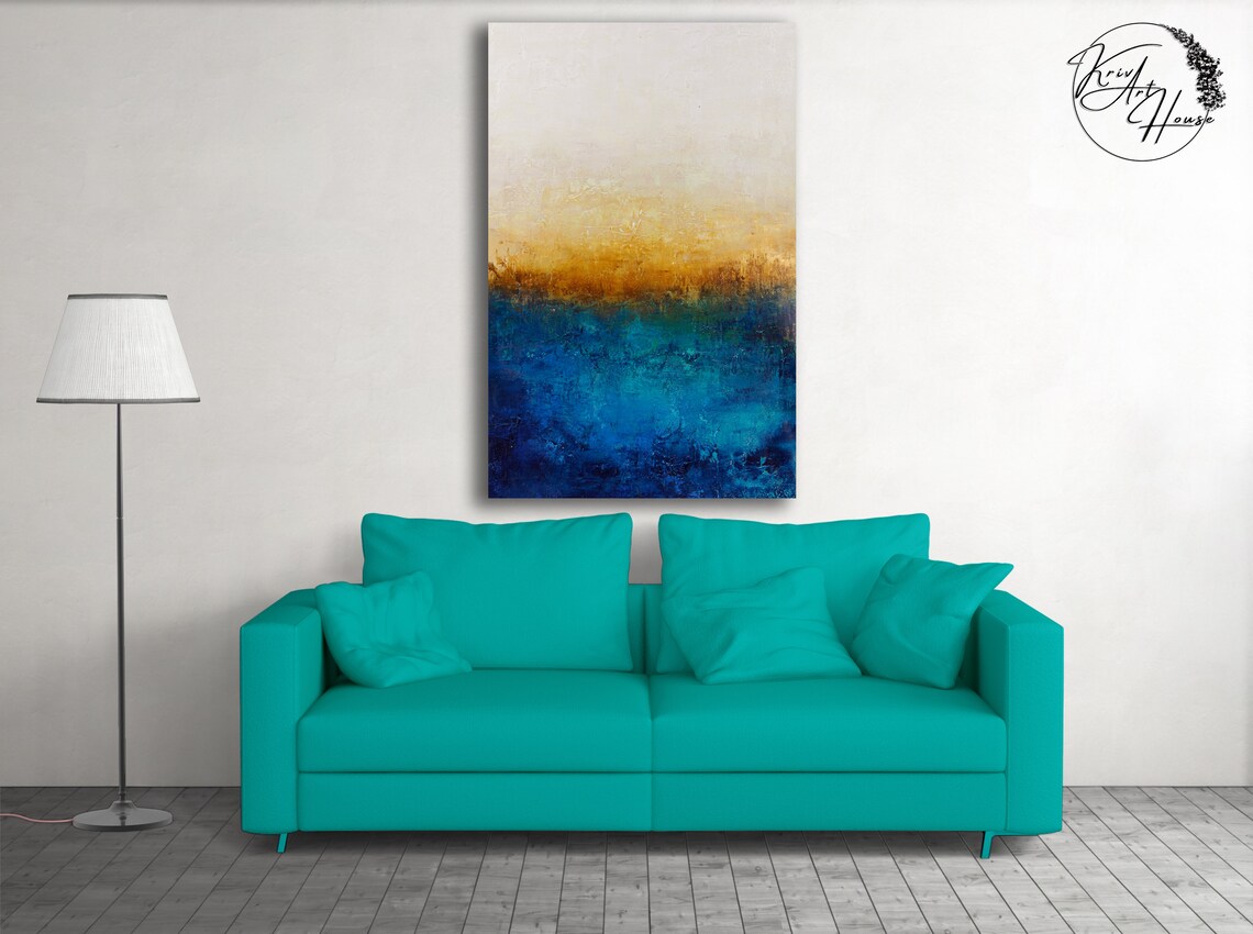 Original Acrylic Painting On Blue Painting Gold Painting Textured Abstract Painting Large Wall Art Dcor Oil Knife Painting - Image 3