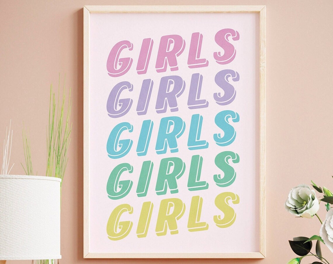 Girls Girls Girls Pastel Rainbow Typography Teen Room Wall Art
