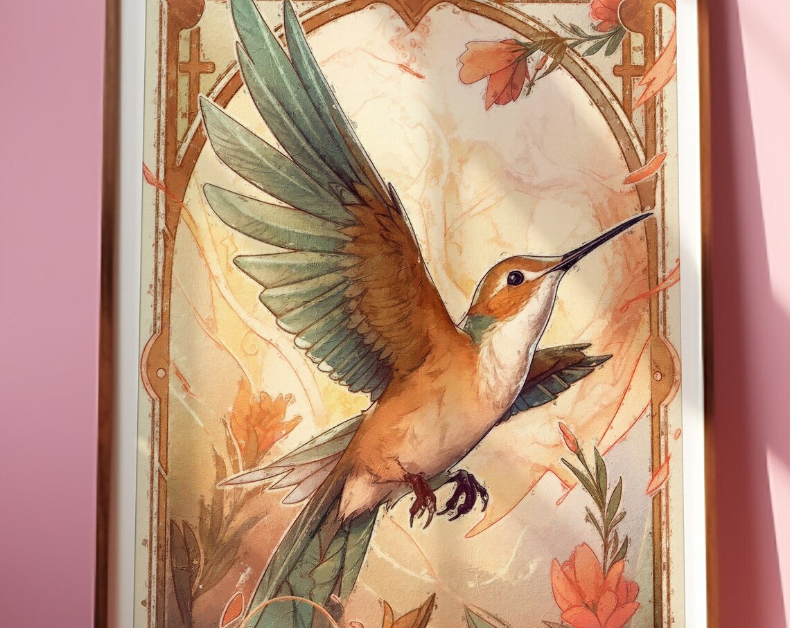 Mucha Inspired Hummingbird in Flight Art Nouveau Watercolor Bird Poster