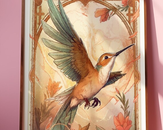 Mucha Inspired Hummingbird in Flight Art Nouveau Watercolor Bird Poster