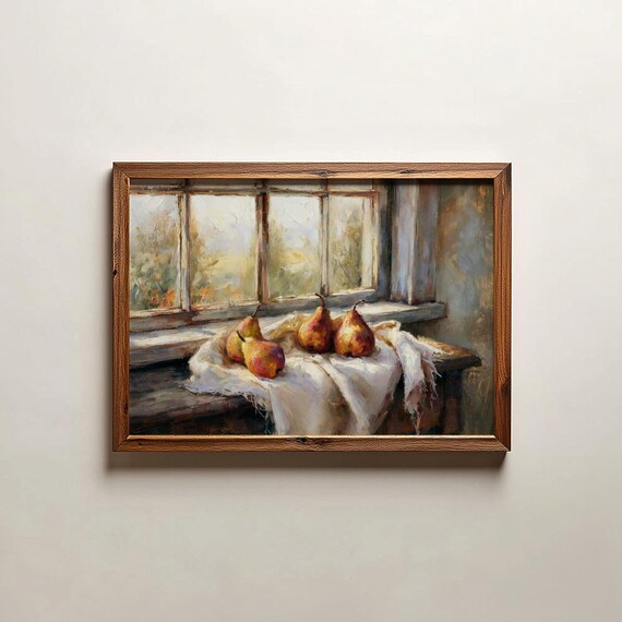 Sunlit Window Still Life With Pears On White Cloth Oil Painting Poster