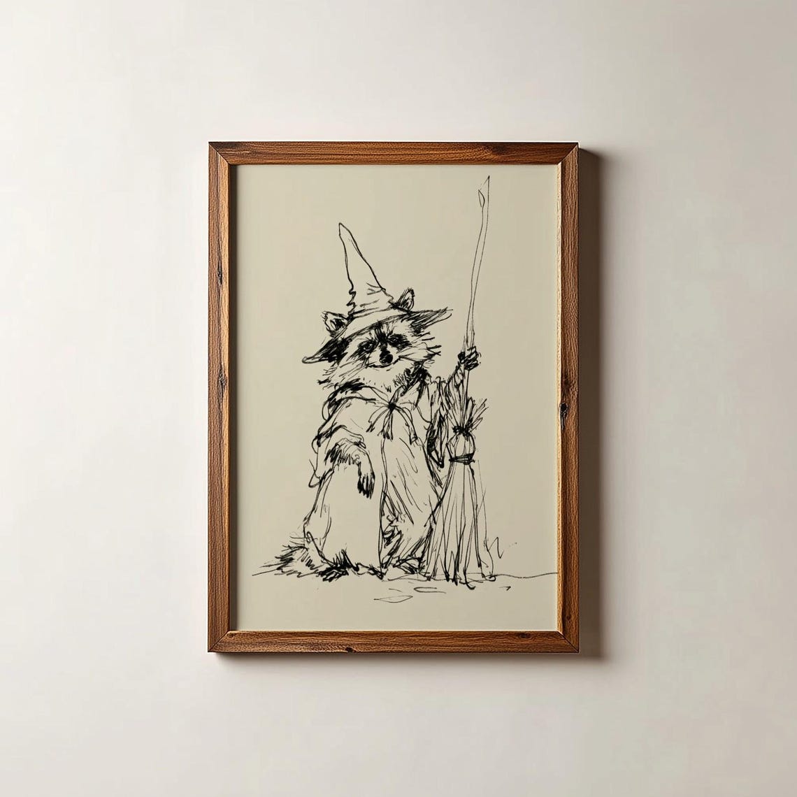 Cute Raccoon in Witch Hat with Broom Halloween Ink Sketch Poster