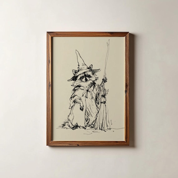 Cute Raccoon in Witch Hat with Broom Halloween Ink Sketch Poster