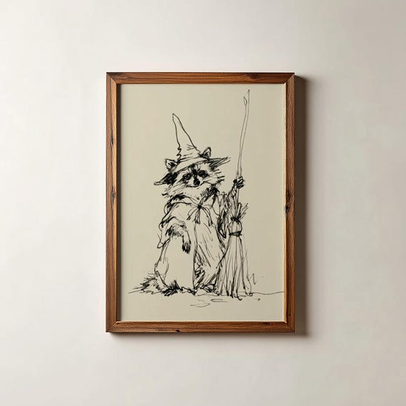 Funny Racoon Print Autumn Art Hand Drawn Animal Poster Halloween Wall Digital Download