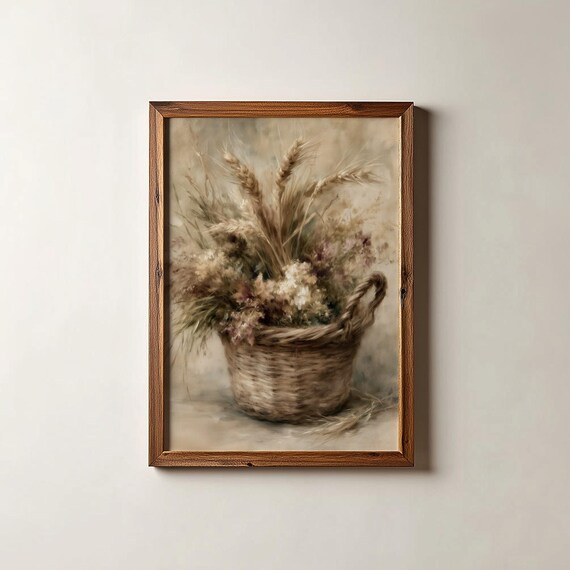 Dried Wheat And Wildflowers In Woven Basket Rustic Harvest Poster