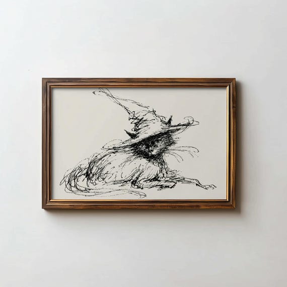 Funny Cat Print Autumn Art Hand Drawn Animal Poster Halloween Wall Digital Download
