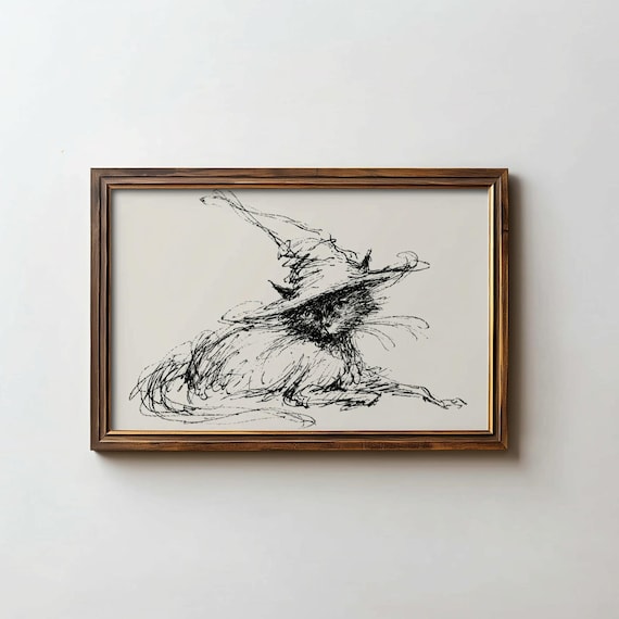 Scruffy Black Cat Witch Hat Minimalist Ink Sketch Halloween Poster