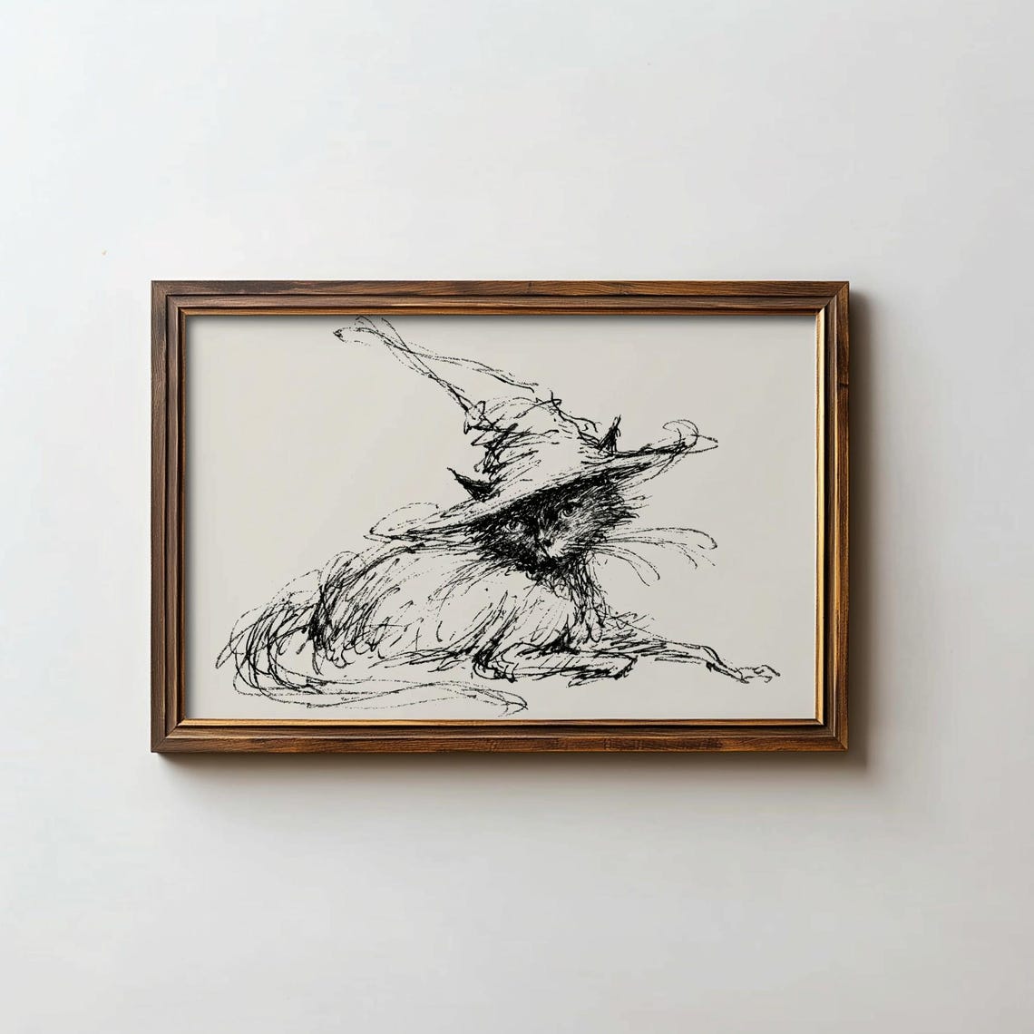 Scruffy Black Cat Witch Hat Minimalist Ink Sketch Halloween Poster