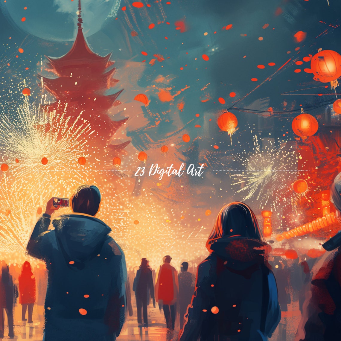Chinese Lantern Festival Night Fireworks Celebration Art Print - Image 3