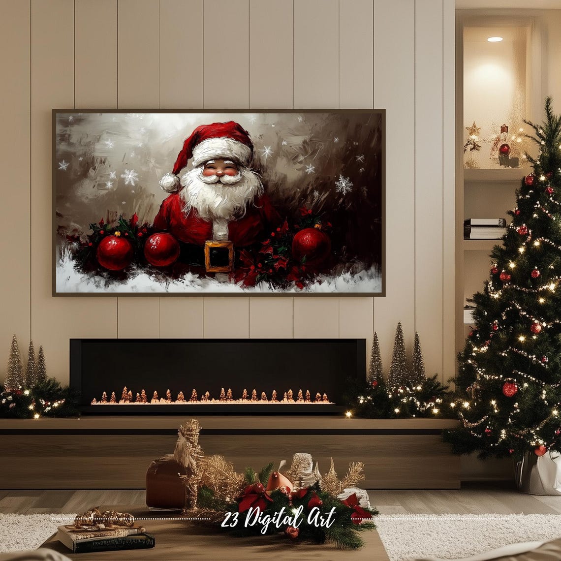 Frame Tv Art Beautiful Christmas Santa Smiling Tv Screensaver Rustic Holiday Holly Xmas Tv Art Neutral Farmhouse Winter Art 156 - Image 6