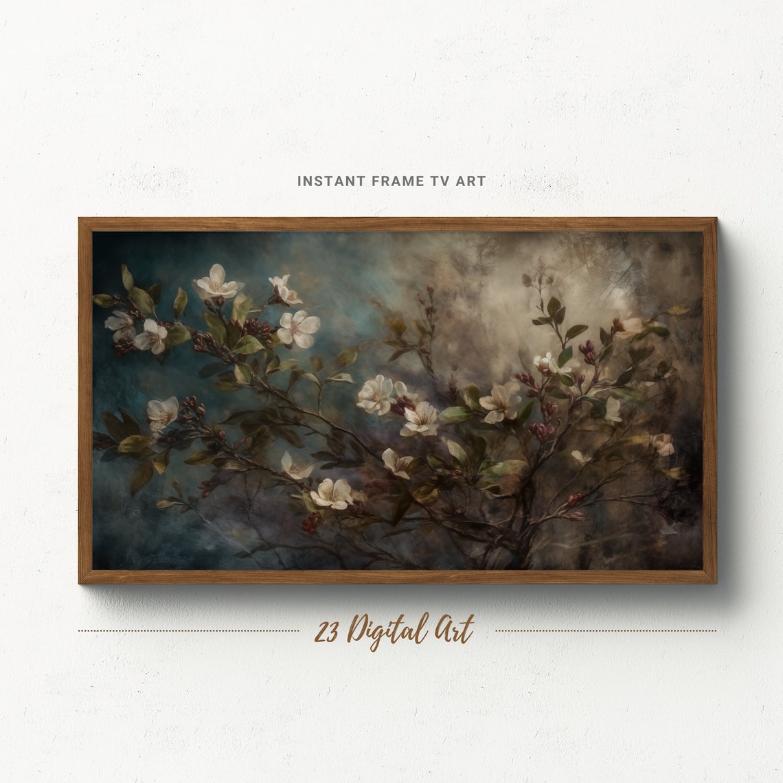 White Blossoms Dark Moody Botanical Floral Painting Art Print