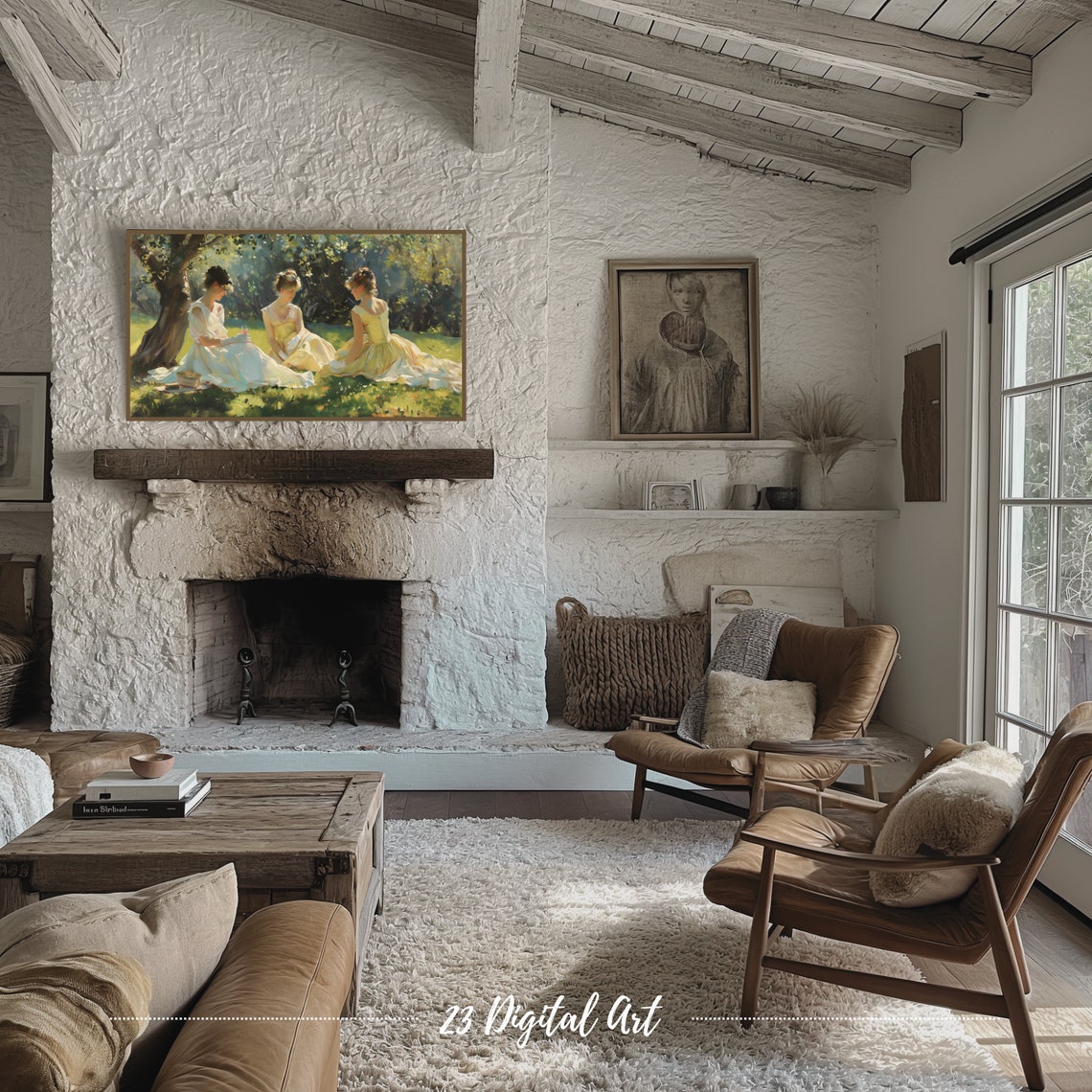 Frame Tv Art Summer Landscape Oil Painting Ladies Sitting In The Park Classic Neutral Country Earthy Green Garden Painting Tv Art 125 - Image 4