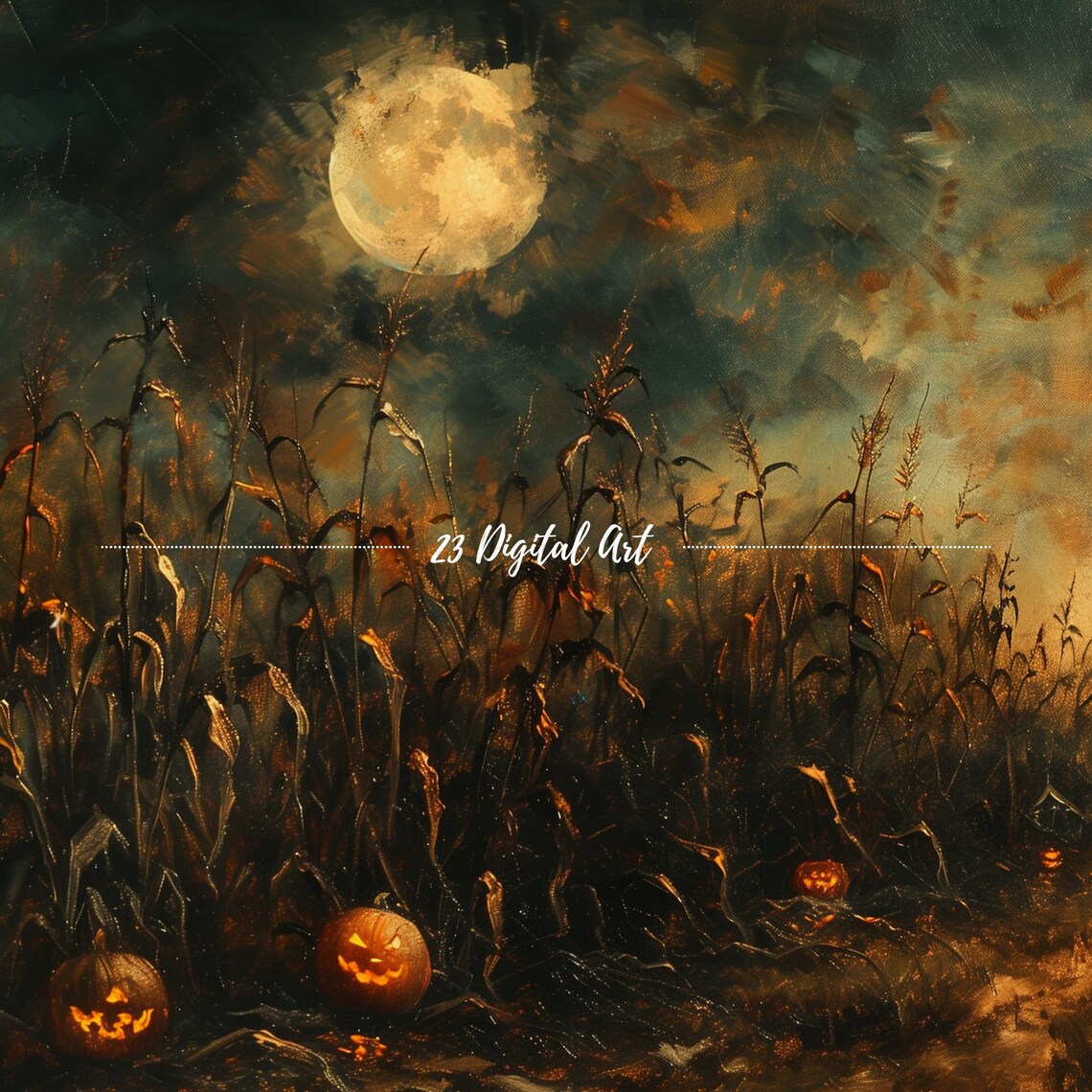 Haunted Corn Field Full Moon Witch Jack-o-Lanterns Spooky Halloween Art Poster - Image 4