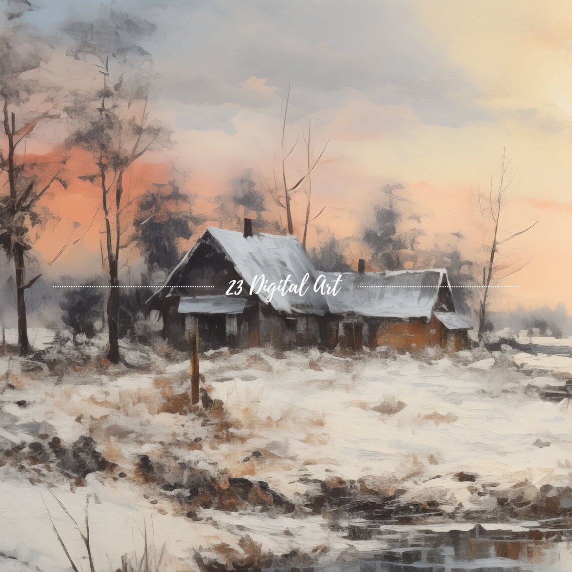 Snowy Village Pink Sunset Cabin Pond Winter Painting Art Poster - Image 3