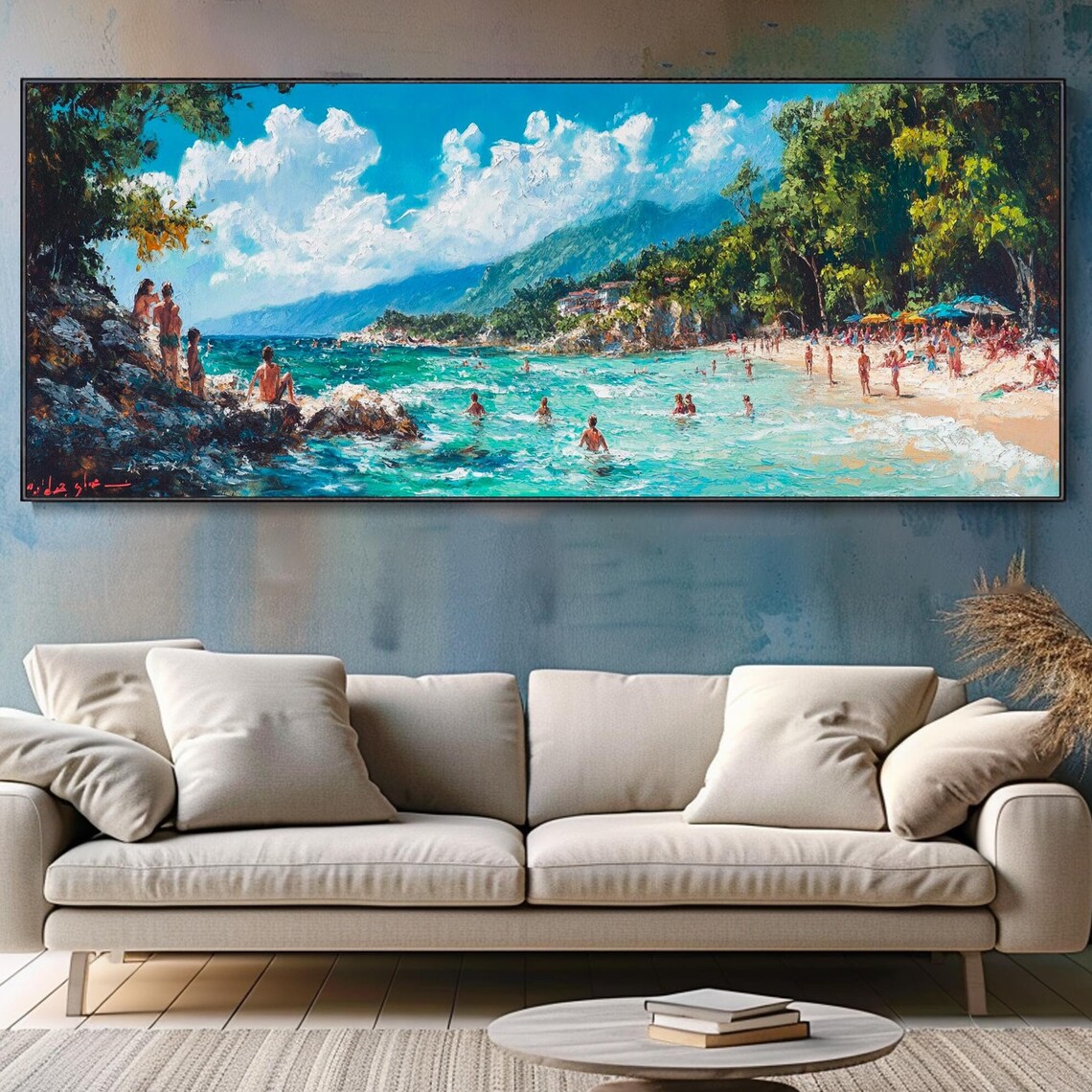 Sunny Beach Crowd Swimming Turquoise Water Coastal Seascape Wall Art