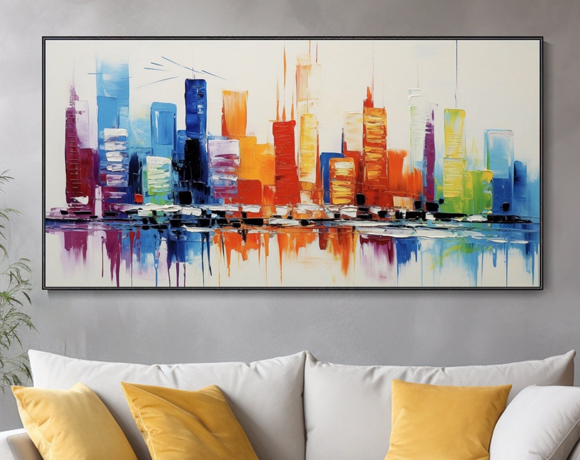Abstract Rainbow City Skyline Water Reflection Modern Wall Art