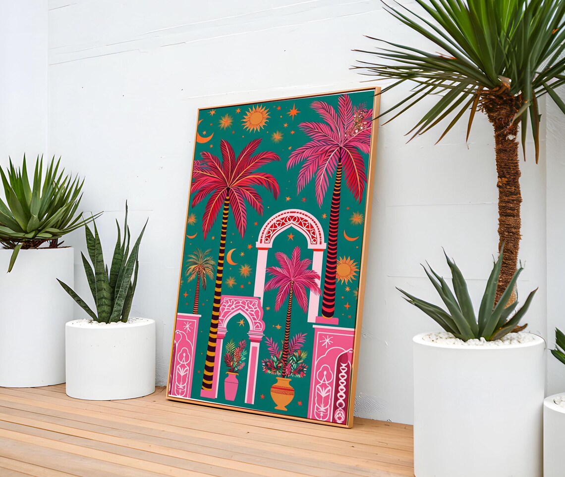 Retro Palms Tropical Art Print, Luxury Pine Wood Frame - Image 7