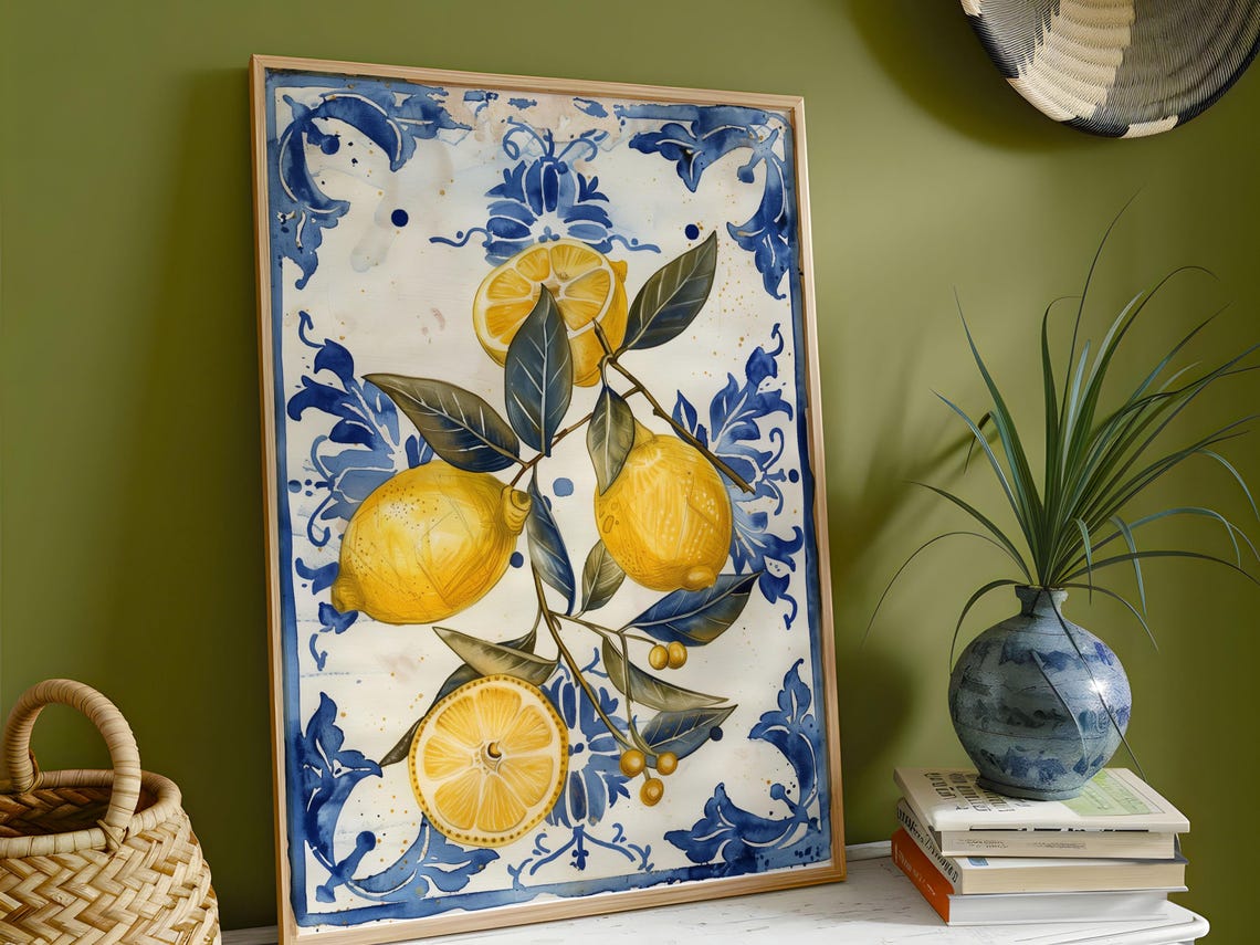 Italian Lemons Watercolor Citrus Art On Blue Majolica Tile Poster