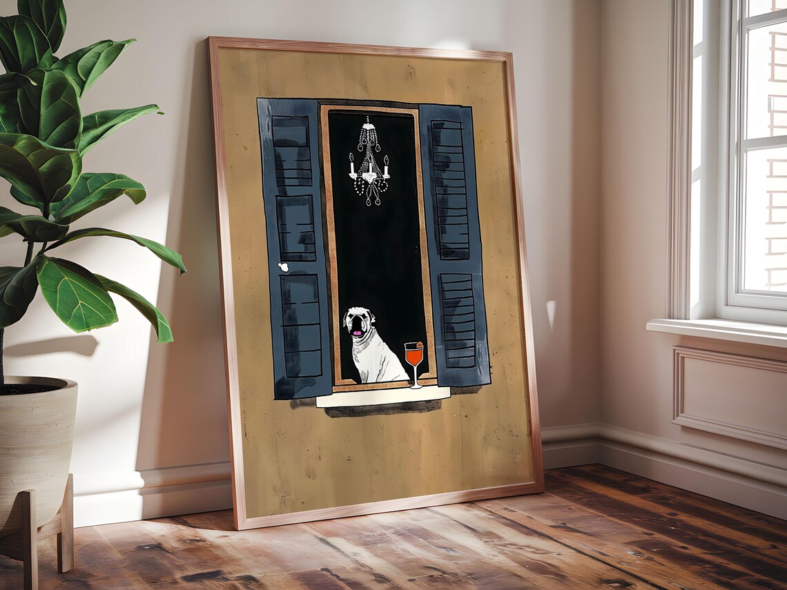 White Bulldog With Wine Glass At Open Window Funny Pet Poster