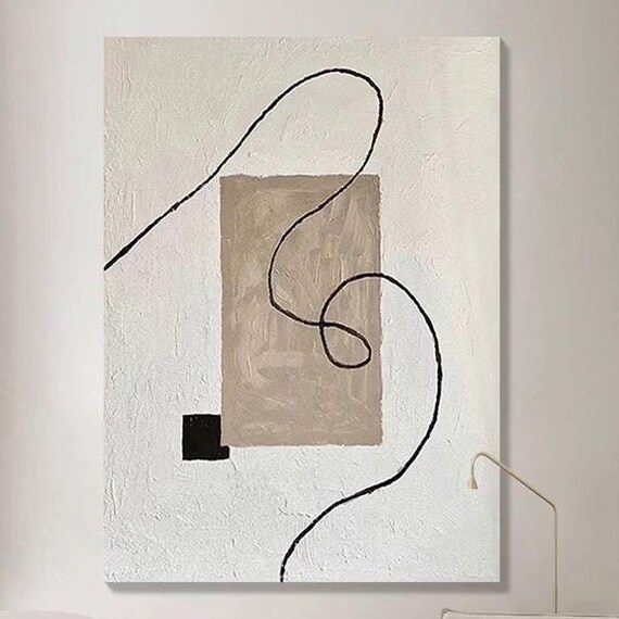 Pure White Background With Black Line Art Modern Simple Style Painting Beige White Acrylic Artwork Large Home Wall Artwork Decor