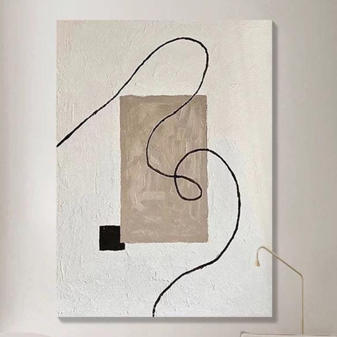 Black Line Art Beige Block On White Minimalist Abstract Poster