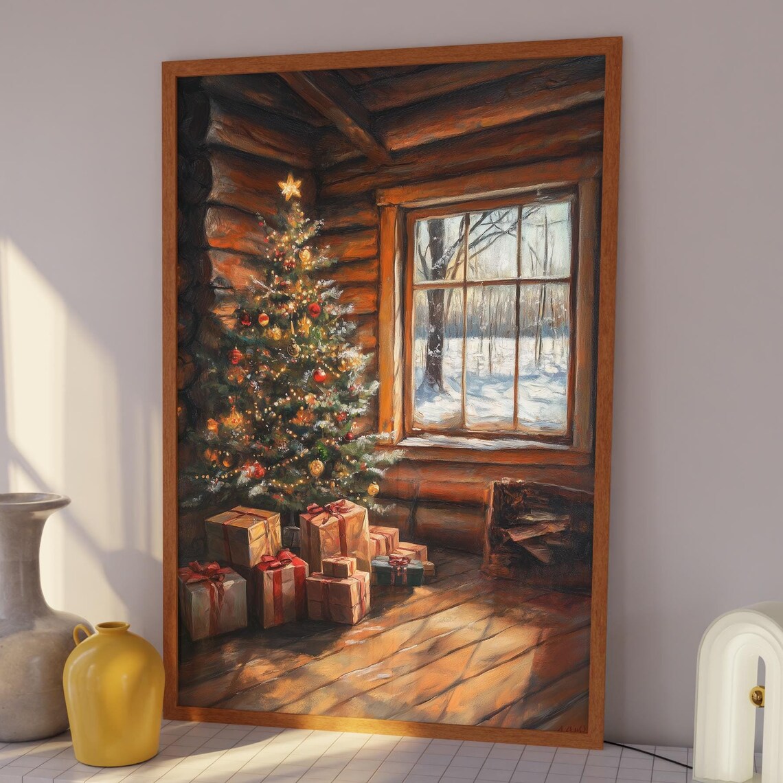 Cozy Christmas Cabin Interior Lit Tree Gifts Snowy Window Poster