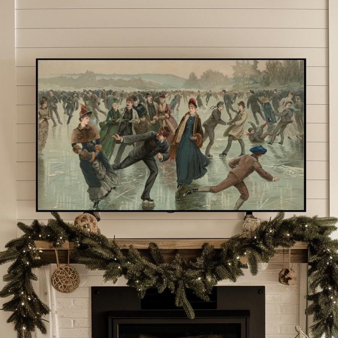 Vintage Victorian Ice Skaters Frozen Pond Crowd Frame TV Art Print