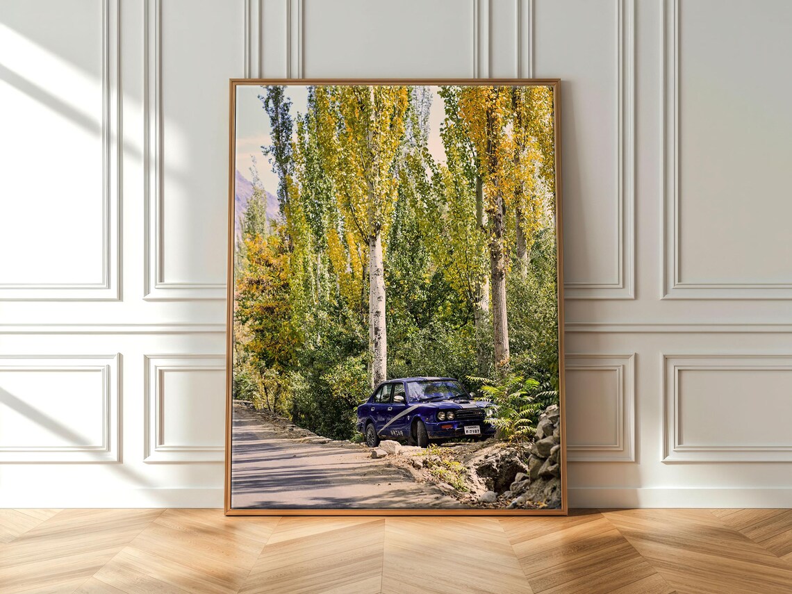 Blue Datsun 510 Classic Sedan Forest Road Autumn Poplars Car Photo Print
